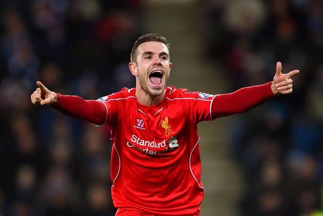 LEICESTER, ENGLAND - DECEMBER 02:  Jordan Henderson of Liverpool celebrates after scoring his team's third goal during the Barclays Premier League match between Leicester City and Liverpool at The King Power Stadium on December 2, 2014 in Leicester, England.  (Photo by Shaun Botterill/Getty Images)