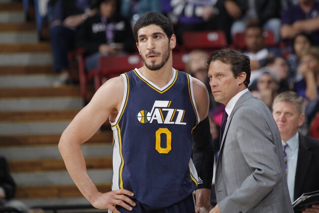 SACRAMENTO, CA - DECEMBER 8: Head Coach Quin Synder of the Utah Jazz coaches Enes Kanter #0 against the Sacramento Kings on December 8, 2014 at Sleep Train Arena in Sacramento, California. NOTE TO USER: User expressly acknowledges and agrees that, by downloading and or using this photograph, User is consenting to the terms and conditions of the Getty Images Agreement. Mandatory Copyright Notice: Copyright 2014 NBAE (Photo by Rocky Widner/NBAE via Getty Images)
