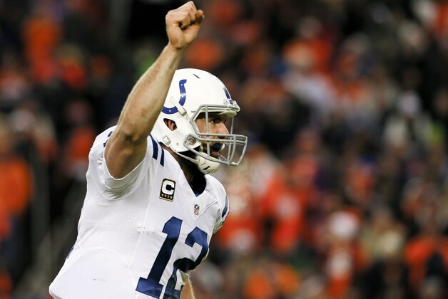 Indianapolis Colts quarterback Andrew Luck celebrates a touchdown pass against the Denver Broncos during the second half of an NFL divisional playoff football game, Sunday, Jan. 11, 2015, in Denver. (AP Photo/Joe Mahoney) Indianapolis Colts quarterback Andrew Luck celebrates a touchdown pass against the Denver Broncos during the second half of an NFL divisional playoff football game, Sunday, Jan. 11, 2015, in Denver. (AP Photo/Joe Mahoney)