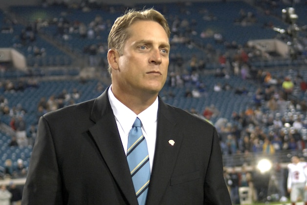 Jacksonville Jaguars coach Jack Del Rio wears a suit and tie and  directs play against the New York Giants on ESPN Monday Night Football Nov. 20, 2006 in Jacksonville.  The Jaguars won 26 - 10.  (Photo by Al Messerschmidt/Getty Images)