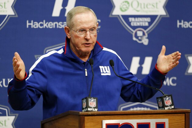 New York Giants head coach Tom Coughlin speaks during an NFL football news conference, Tuesday, Dec. 30, 2014, in East Rutherford, N.J. Co-owner John Mara announced that Coughlin will return for a 12th season and Jerry Reese will be back as GM despite an