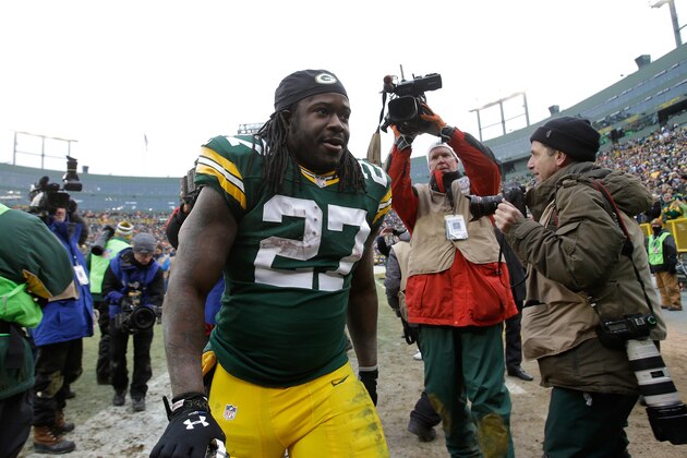 GREEN BAY, WI - JANUARY 11:   Eddie Lacy #27 of the Green Bay Packers walks off the field after the Packers defeat the Dallas Cowboys 26-21 during the 2015 NFC Divisional Playoff game at Lambeau Field on January 11, 2015 in Green Bay, Wisconsin.  (Photo by Mike McGinnis/Getty Images)