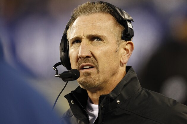 EAST RUTHERFORD, NJ - DECEMBER 09:  Steve Spagnuolo, offensive coordinator of the New Orleans Saints looks up during their game against New York Giants  at MetLife Stadium on December 9, 2012 in East Rutherford, New Jersey.  (Photo by Jeff Zelevansky/Getty Images)