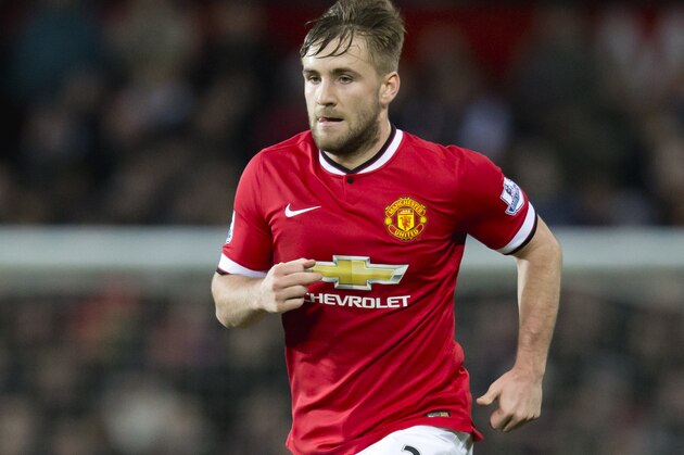 Manchester United's Luke Shaw during the English Premier League soccer match between Manchester United and Southampton at Old Trafford Stadium, Manchester, England, Sunday Jan. 11, 2015. (AP Photo/Jon Super)