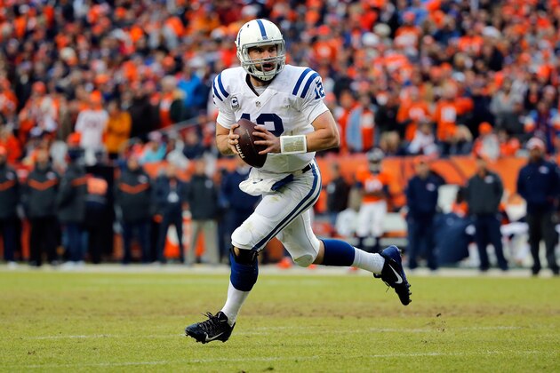 DENVER, CO - JANUARY 11: Andrew Luck #12 of the Indianapolis Colts drops back to pass against the Denver Broncos during a 2015 AFC Divisional Playoff game at Sports Authority Field at Mile High on January 11, 2015 in Denver, Colorado. (Photo by Doug Pensinger/Getty Images) DENVER, CO - JANUARY 11: Andrew Luck #12 of the Indianapolis Colts drops back to pass against the Denver Broncos during a 2015 AFC Divisional Playoff game at Sports Authority Field at Mile High on January 11, 2015 in Denver, Colorado. (Photo by Doug Pensinger/Getty Images)