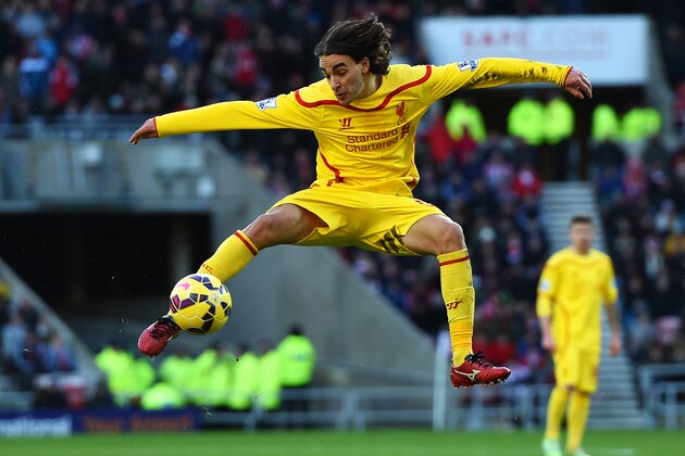 SUNDERLAND, ENGLAND - JANUARY 10:  Lazar Markovic of Liverpool strikes a volley onto the crossbar during the Barclays Premier League match between Sunderland and Liverpool at Stadium of Light on January 10, 2015 in Sunderland, England.  (Photo by Michael Regan/Getty Images)