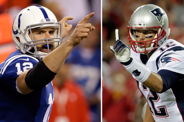 FILE - At left, in a Nov. 30, 2014, file photo, Indianapolis Colts quarterback Andrew Luck celebrates a 79-yard touchdown pass to wide receiver Donte Moncrief against the Washington Redskins during the second half of an NFL football game in Indianapolis. At right, in a Sept. 29, 2014, file photo, New England Patriots quarterback Tom Brady points on the line of scrimmage during the first quarter of an NFL football game against the Kansas City Chiefs in Kansas City, Mo. No Tom Brady-Peyton Manning rematch this time. Instead, it will be Brady and Andrew Luck meeting again in a matchup of star quarterbacks when the New England Patriots host the Indianapolis Colts in the AFC championship game Sunday. (AP Photo/Charlie Riedel, File)