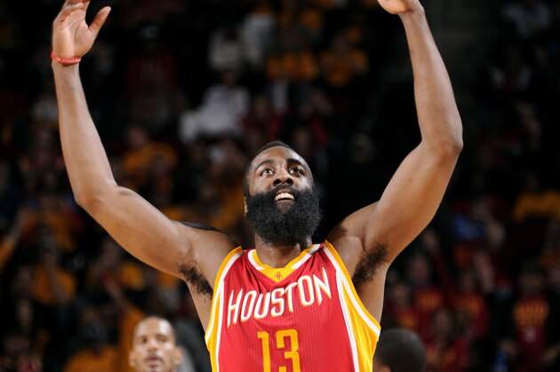 HOUSTON, TX - JANUARY 15: James Harden #13 of the Houston Rockets celebrates during a game against the Oklahoma City Thunder on January 15, 2015 at the Toyota Center in Houston, Texas. NOTE TO USER: User expressly acknowledges and agrees that, by downloading and or using this photograph, User is consenting to the terms and conditions of the Getty Images License Agreement. Mandatory Copyright Notice: Copyright 2015 NBAE (Photo by Bill Baptist/NBAE via Getty Images)