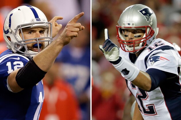 FILE - At left, in a Nov. 30, 2014, file photo, Indianapolis Colts quarterback Andrew Luck celebrates a 79-yard touchdown pass to wide receiver Donte Moncrief against the Washington Redskins during the second half of an NFL football game in Indianapolis. At right, in a Sept. 29, 2014, file photo, New England Patriots quarterback Tom Brady points on the line of scrimmage during the first quarter of an NFL football game against the Kansas City Chiefs in Kansas City, Mo. No Tom Brady-Peyton Manning rematch this time. Instead, it will be Brady and Andrew Luck meeting again in a matchup of star quarterbacks when the New England Patriots host the Indianapolis Colts in the AFC championship game Sunday. (AP Photo/Charlie Riedel, File)