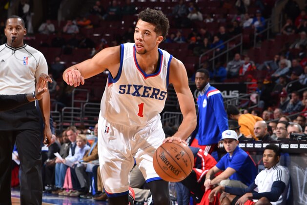 PHILADELPHIA, PA - JANUARY 13: Michael Carter-Williams #1 of the Philadelphia 76ers dribbles up the court against the Atlanta Hawks at Wells Fargo Center on January 13, 2015 in Philadelphia, Pennsylvania NOTE TO USER: User expressly acknowledges and agrees that, by downloading and/or using this Photograph, user is consenting to the terms and conditions of the Getty Images License Agreement. Mandatory Copyright Notice: Copyright 2015 NBAE (Photo by Jesse D. Garrabrant/NBAE via Getty Images)