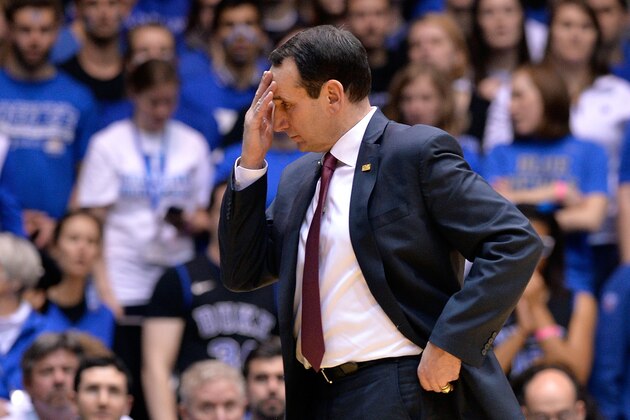 DURHAM, NC - JANUARY 13:  Head coach Mike Krzyzewski of the Duke Blue Devils  reacts during their loss to the Miami Hurricanes at Cameron Indoor Stadium on January 13, 2015 in Durham, North Carolina. Miami won 90-74.  (Photo by Grant Halverson/Getty Images)