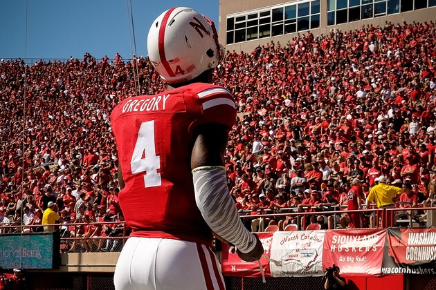 LINCOLN, NE - AUGUST 30: Defensive end Randy Gregory #4 of the Nebraska Cornhuskers leave the field during their game against the Florida Atlantic Owls at Memorial Stadium on August 30, 2014 in Lincoln, Nebraska. Nebraska defeated Florida Atlantic 55-7. (Photo by Eric Francis/Getty Images)