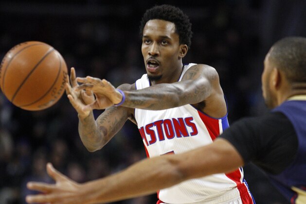 Jan 14, 2015; Auburn Hills, MI, USA; Detroit Pistons guard Brandon Jennings (7) passes the ball during the first quarter against the New Orleans Pelicans at The Palace of Auburn Hills. Mandatory Credit: Raj Mehta-USA TODAY Sports