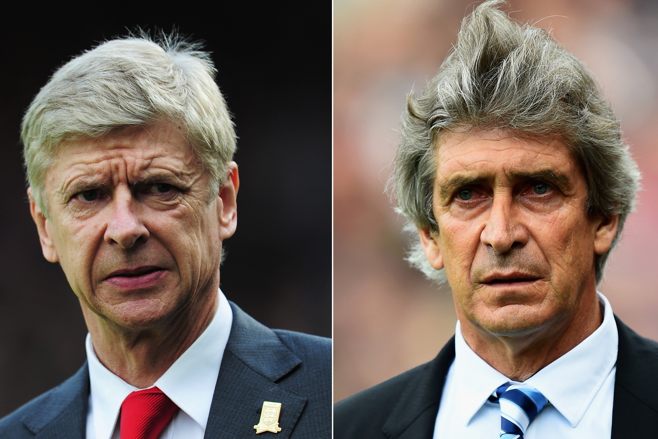 FILE PHOTO - (EDITORS NOTE: COMPOSITE OF TWO IMAGES - Image numbers (L) 185913896 and 487084963) In this composite image a comparision has been made between Arsene Wenger, Manager of Arsenal (L) and Manuel Pellegrini, Manager of Manchester City.  Manchester City  and  Arsenal play in the FA Community Shield at Wembley Stadium on August 10,2014 in London,England. ***LEFT IMAGE*** LONDON, ENGLAND - OCTOBER 26: Arsene Wenger, manager of Arsenal looks on during the Barclays Premier League match between Crystal Palace and Arsenal at Selhurst Park on October 26, 2013 in London, England. (Photo by Shaun Botterill/Getty Images) ****RIGHT IMAGE**** LONDON, ENGLAND - APRIL 27: Manuel Pellegrini, manager of Manchester City looks on during the Barclays Premier League match between Crystal Palace and Manchester City at Selhurst Park on April 27, 2014 in London, England. (Photo by Mike Hewitt/Getty Images)