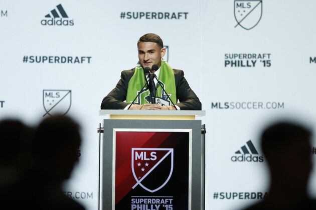Cristian Roldan speaks after being selected by the Seattle Sounders FC in the first round of the 2015 Major League Soccer SuperDraft, Thursday, Jan. 15, 2015, in Philadelphia. (AP Photo/Matt Rourke)