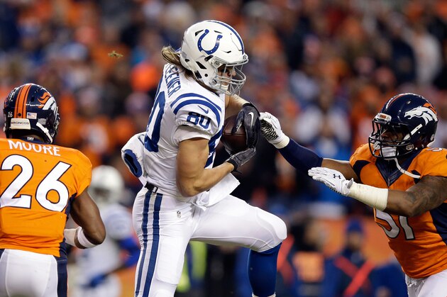 DENVER, CO - JANUARY 11:  Coby Fleener #80 of the Indianapolis Colts makes a catch against the Denver Broncos during a 2015 AFC Divisional Playoff game at Sports Authority Field at Mile High on January 11, 2015 in Denver, Colorado.  (Photo by Ezra Shaw/Getty Images)