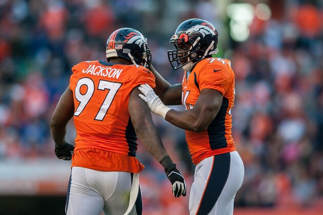 DENVER, CO - DECEMBER 7: Defensive end Malik Jackson #97 of the Denver Broncos celebrates a sack with defensive end DeMarcus Ware #94 during a game against the Buffalo Bills at Sports Authority Field at Mile High on December 7, 2014 in Denver, Colorado. (Photo by Dustin Bradford/Getty Images) DENVER, CO - DECEMBER 7: Defensive end Malik Jackson #97 of the Denver Broncos celebrates a sack with defensive end DeMarcus Ware #94 during a game against the Buffalo Bills at Sports Authority Field at Mile High on December 7, 2014 in Denver, Colorado. (Photo by Dustin Bradford/Getty Images)