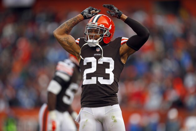 Cleveland Browns cornerback Joe Haden (23) asks for crowd support during an NFL football game on Sunday, Dec. 7, 2014, in Cleveland. The Colts won 25-24. (Jeff Haynes/AP Images for Panini)