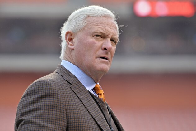 Cleveland Browns owner Jimmy Haslam watches early warmups before an NFL football game against the Cincinnati Bengals Sunday, Dec. 14, 2014, in Cleveland. (AP Photo/David Richard)