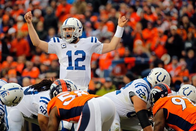 DENVER, CO - JANUARY 11:  Andrew Luck #12 of the Indianapolis Colts calls a play against the Denver Broncos  during a 2015 AFC Divisional Playoff game at Sports Authority Field at Mile High on January 11, 2015 in Denver, Colorado.  (Photo by Doug Pensinger/Getty Images)