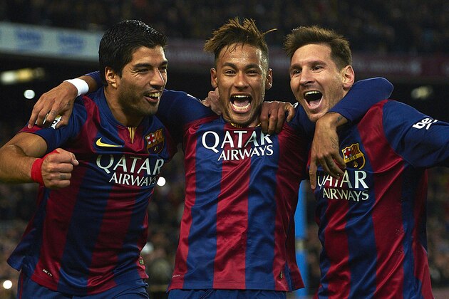 FC Barcelona's Lionel Messi, from Argentine, right, Neymar, from Brazil, center, and Luis Suarez, from Uruguay, celebrate after scoring against Atletico Madrid during a Spanish La Liga soccer match at the Camp Nou stadium in Barcelona, Spain, Sunday, Jan. 11, 2015. (AP Photo/Siu Wu)