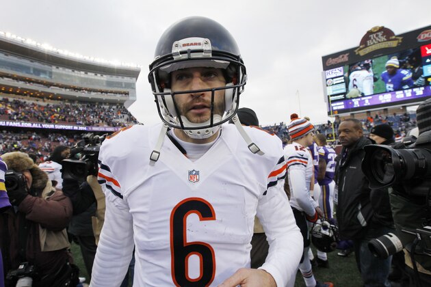 Chicago Bears quarterback Jay Cutler walks off the field after an NFL football game against the Minnesota Vikings, Sunday, Dec. 28, 2014, in Minneapolis. The Vikings won 13-9. (AP Photo/Ann Heisenfelt)