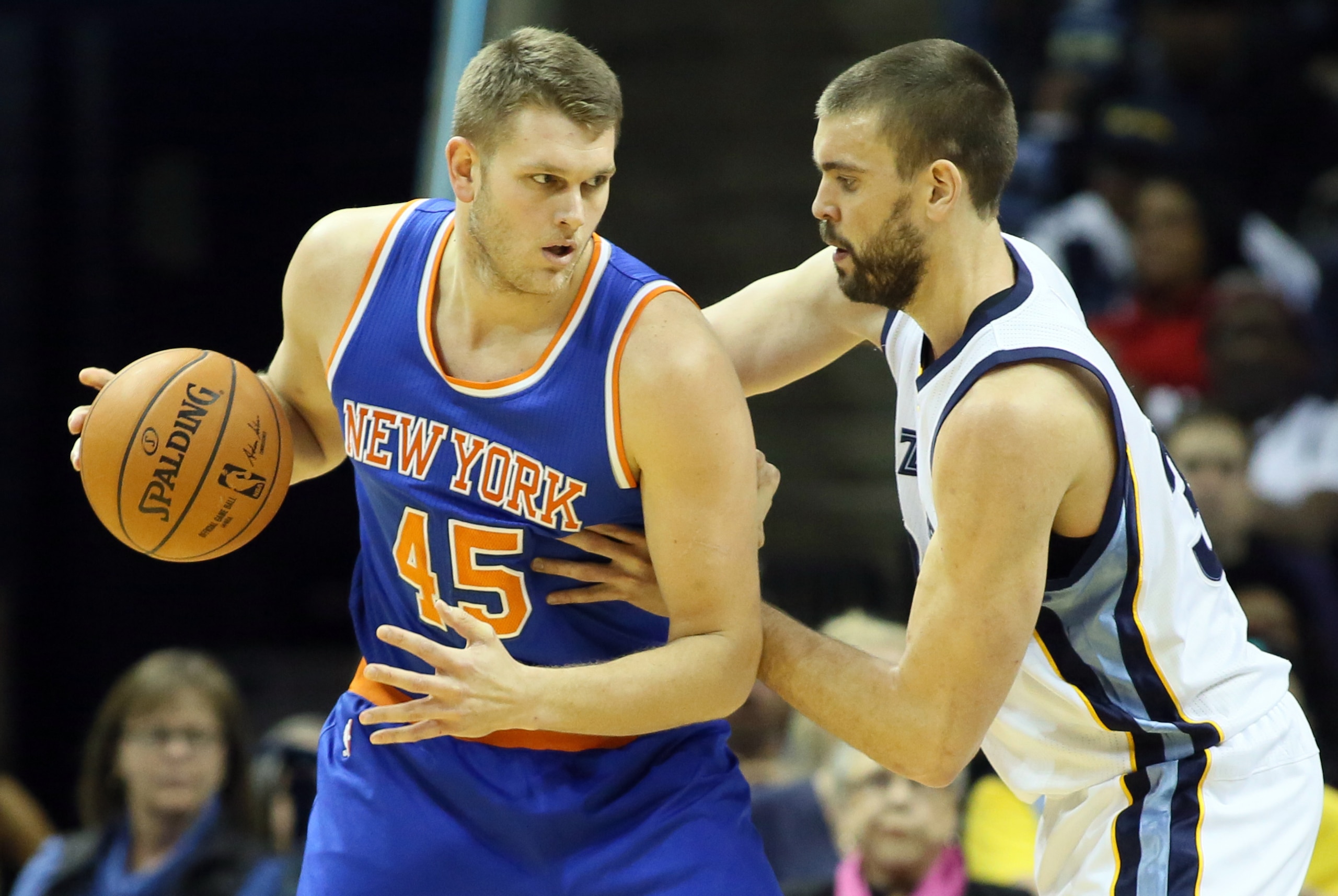 Jan 5, 2015; Memphis, TN, USA; New York Knicks center Cole Aldrich (45) drives against Memphis Grizzlies center Marc Gasol (33) during the first half at FedExForum. Mandatory Credit: Nelson Chenault-USA TODAY Sports Jan 5, 2015; Memphis, TN, USA; New York Knicks center Cole Aldrich (45) drives against Memphis Grizzlies center Marc Gasol (33) during the first half at FedExForum. Mandatory Credit: Nelson Chenault-USA TODAY Sports