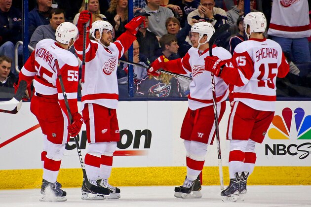COLUMBUS, OH - MARCH 25:  Tomas Tatar #21 of the Detroit Red Wings celebrates while congratulating Gustav Nyquist #14 of the Detroit Red Wings for his second period goal against the Columbus Blue Jackets on March 25, 2014 at Nationwide Arena in Columbus, Ohio. (Photo by Kirk Irwin/Getty Images)
