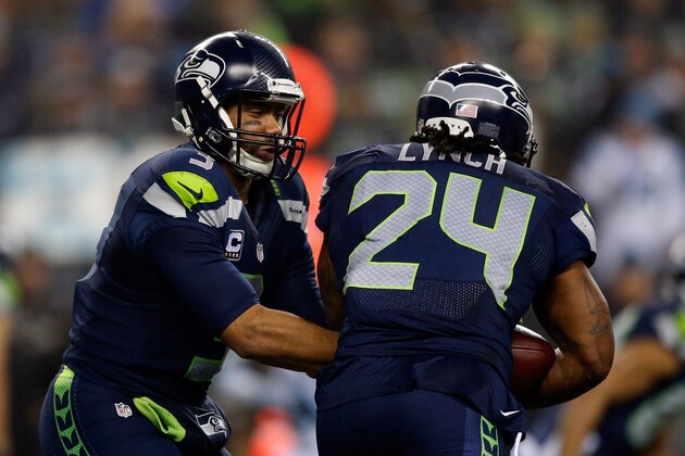 SEATTLE, WA - JANUARY 10:  Marshawn Lynch #24 of the Seattle Seahawks in action against the Carolina Panthers during the 2015 NFC Divisional Playoff game at CenturyLink Field on January 10, 2015 in Seattle, Washington.  (Photo by Otto Greule Jr/Getty Images)