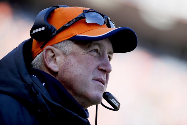Denver Broncos head coach John Fox watches his team during the first half of an NFL football game against the Oakland Raiders, Sunday, Dec. 28, 2014, in Denver. (AP Photo/Jack Dempsey)