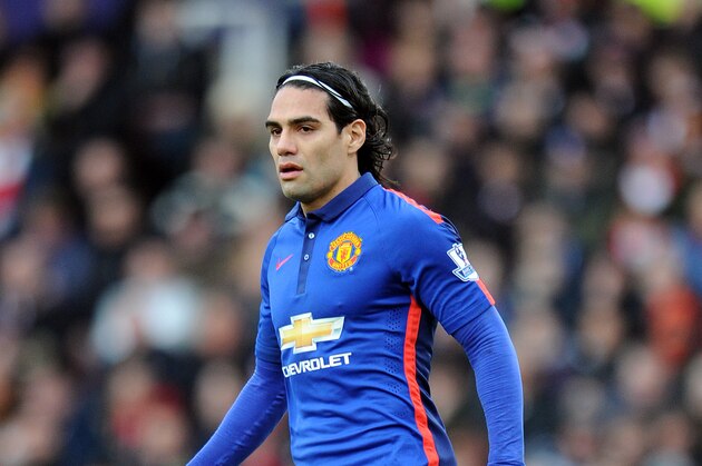 Manchester United's Radamel Falcao during their English Premier League soccer match against Stoke City at the Britannia Stadium in Stoke on Trent, England, Thursday Jan. 1, 2015. (AP Photo/Clint Hughes)