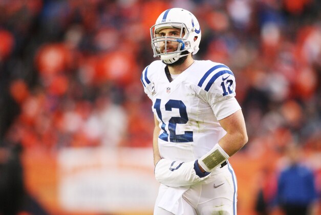 Jan 11, 2015; Denver, CO, USA; Indianapolis Colts quarterback Andrew Luck (12) during the 2014 AFC Divisional playoff football game against the Denver Broncos at Sports Authority Field at Mile High. Mandatory Credit: Chris Humphreys-USA TODAY Sports
