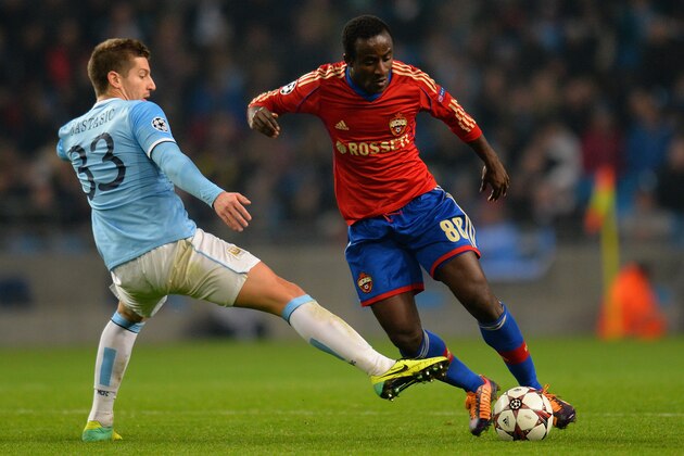 MANCHESTER, ENGLAND - NOVEMBER 05:  Seydou Doumbia of CSKA is challenged by Matija Nastasic of Manchester City during the UEFA Champions League Group D match between Manchester City and CSKA Moscow at the  Etihad Stadium on November 5, 2013 in Manchester, England.  (Photo by Shaun Botterill/Getty Images)