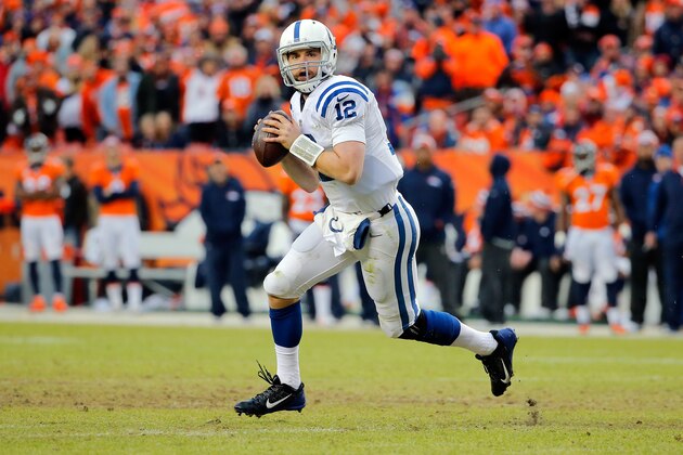 DENVER, CO - JANUARY 11:  Andrew Luck #12 of the Indianapolis Colts drops back to pass against the Denver Broncos during a 2015 AFC Divisional Playoff game at Sports Authority Field at Mile High on January 11, 2015 in Denver, Colorado.  (Photo by Doug Pensinger/Getty Images)
