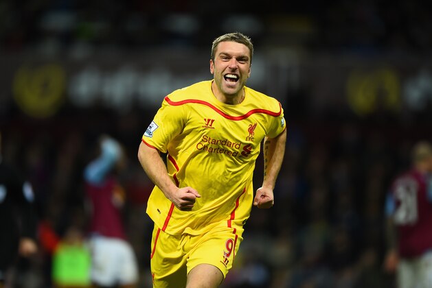 BIRMINGHAM, ENGLAND - JANUARY 17:  Rickie Lambert of Liverpool celebrates scoring their second goal during the Barclays Premier League match between Aston Villa and Liverpool at Villa Park on January 17, 2015 in Birmingham, England.  (Photo by Laurence Griffiths/Getty Images)