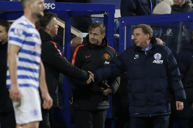 Queens Park Rangers' manager Harry Redknapp, right, shakes hands with Manchester United's manager Louis van Gaal at the end of the English Premier League soccer match between QPR and Manchester United at Loftus Road stadium in London, Saturday, Jan. 17, 2015.  (AP Photo/Matt Dunham)