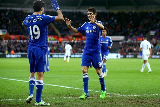 SWANSEA, WALES - JANUARY 17:  Oscar of Chelsea celebrates with Diego Costa of Chelsea after scoring his team's fourth goal during the Barclays Premier League match between Swansea City and Chelsea at Liberty Stadium on January 17, 2015 in Swansea, Wales.  (Photo by Richard Heathcote/Getty Images)