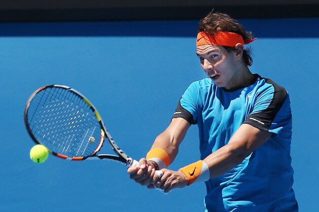 MELBOURNE, AUSTRALIA - JANUARY 16:  Rafael Nadal of Spain hits a backhand during a practice session ahead of the 2015 Australian Open at Melbourne Park on January 16, 2015 in Melbourne, Australia.  (Photo by Michael Dodge/Getty Images)