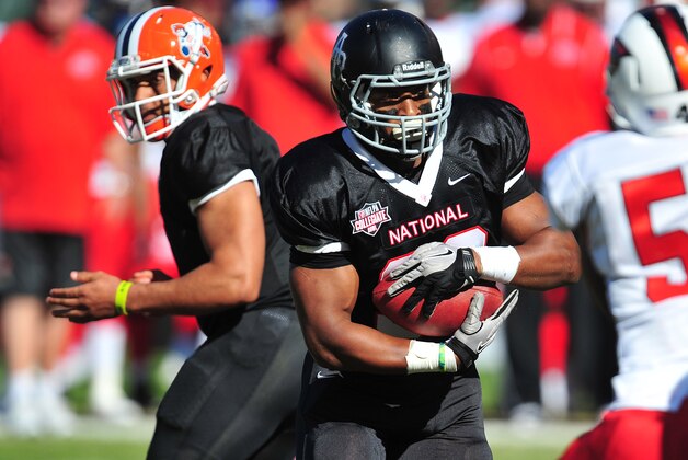 January 17, 2015; Carson, CA, USA; National running back Terrell Watson of Azusa Pacific runs the ball against American during the first half of the NFLPA Collegiate Bowl at StubHub Center. Mandatory Credit: Gary A. Vasquez-USA TODAY Sports