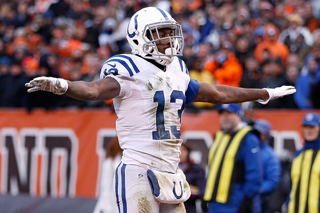 CLEVELAND, OH - DECEMBER 07:  T.Y. Hilton #13 of the Indianapolis Colts celebrates his game winning touchdown during the fourth quarter against the Cleveland Browns at FirstEnergy Stadium on December 7, 2014 in Cleveland, Ohio. Indianapolis won the game 25-24.  (Photo by Joe Robbins/Getty Images)