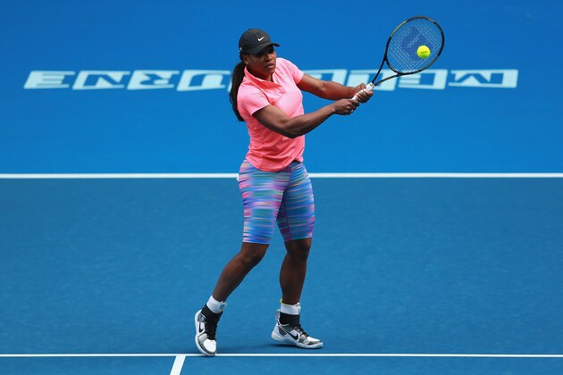 MELBOURNE, AUSTRALIA - JANUARY 18:  Serena Williams of the USA hits a backhand volley during a practice session ahead of the 2015 Australian Open at Melbourne Park on January 18, 2015 in Melbourne, Australia.  (Photo by Quinn Rooney/Getty Images)
