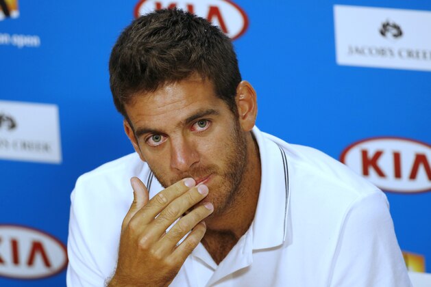 Juan Martin del Potro of Argentina listens to a reporter's question during a press conference to announce his retirement from the Australian Open due to wrist injury at the Australian Open tennis championship in Melbourne, Australia, Sunday, Jan. 18, 2015. (AP Photo/Vincent Thian)