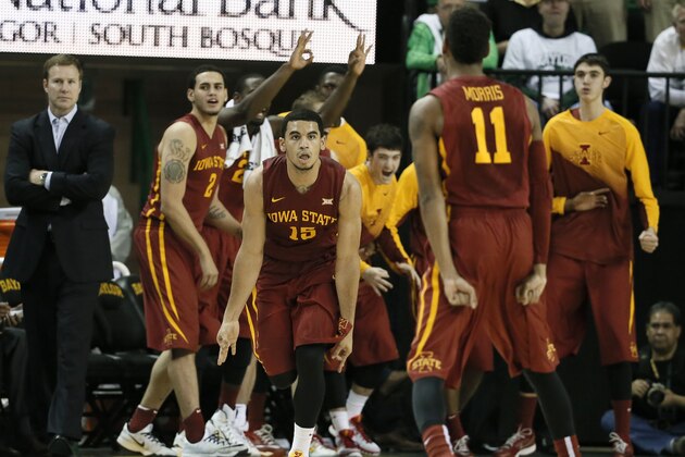 Iowa State's Naz Long (15) celebrates with teammate Monte Morris (11) after sinking a 3-point basket late in the second half of an NCAA college basketball game against Baylor, Wednesday, Jan. 14, 2015, in Waco, Texas. Baylor won 74-73. (AP Photo/Tony Gutierrez)