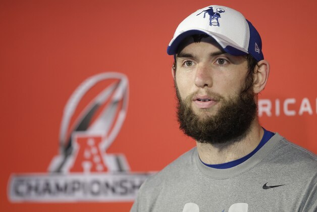 Indianapolis Colts quarterback Andrew Luck responds to a question during a news conference NFL football team's practice facility Friday, Jan. 16, 2015, in Indianapolis. The Colts face the New England Patriots in Sunday's AFC Championship. (AP Photo/Darron Cummings)