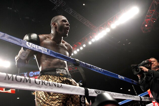 LAS VEGAS, NV - JANUARY 17:  Deontay Wilder celebrates after defeating WBC heavyweight champion Bermane Stiverne at the MGM Grand Garden Arena on January 17, 2015 in Las Vegas, Nevada. Wilder took the title by unanimous decision.  (Photo by Steve Marcus/Getty Images)