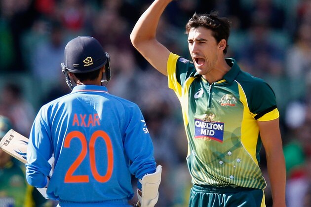 MELBOURNE, AUSTRALIA - JANUARY 18: Mitchell Starc of Australia celebrates the wicket of Axar Patel of India during the One Day International match between Australia and India at Melbourne Cricket Ground on January 18, 2015 in Melbourne, Australia. (Photo by Darrian Traynor/Getty Images) MELBOURNE, AUSTRALIA - JANUARY 18: Mitchell Starc of Australia celebrates the wicket of Axar Patel of India during the One Day International match between Australia and India at Melbourne Cricket Ground on January 18, 2015 in Melbourne, Australia. (Photo by Darrian Traynor/Getty Images)