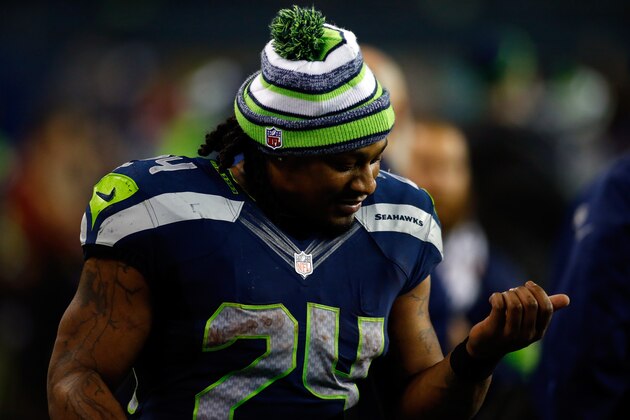 SEATTLE, WA - JANUARY 10:  Marshawn Lynch #24 of the Seattle Seahawks looks on against the Carolina Panthers during the 2015 NFC Divisional Playoff game at CenturyLink Field on January 10, 2015 in Seattle, Washington.  (Photo by Jonathan Ferrey/Getty Images)
