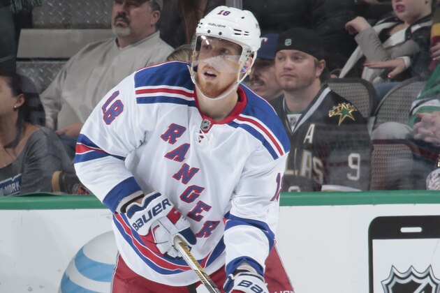 DALLAS, TX - DECEMBER 29: Marc Staal #18 of the New York Rangers handles the puck against the Dallas Stars at the American Airlines Center on December 29, 2014 in Dallas, Texas. (Photo by Glenn James/NHLI via Getty Images)