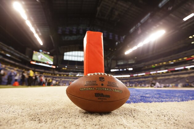 A NFL football is pictured before the start of an NFL football game between the Indianapolis Colts and the Jacksonville Jaguars Sunday, Nov. 23, 2014 in Indianapolis. (AP Photo/Michael Conroy)