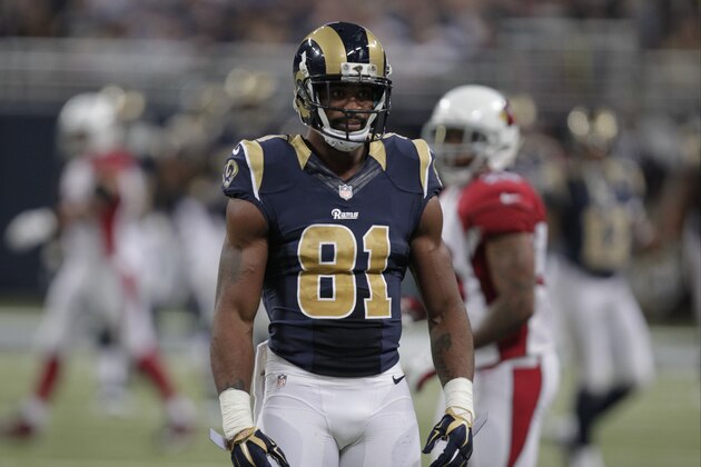 St. Louis Rams wide receiver Kenny Britt during the second half of an NFL football game against the Arizona Cardinals Thursday, Dec. 11, 2014 in St. Louis. (AP Photo/Tom Gannam)